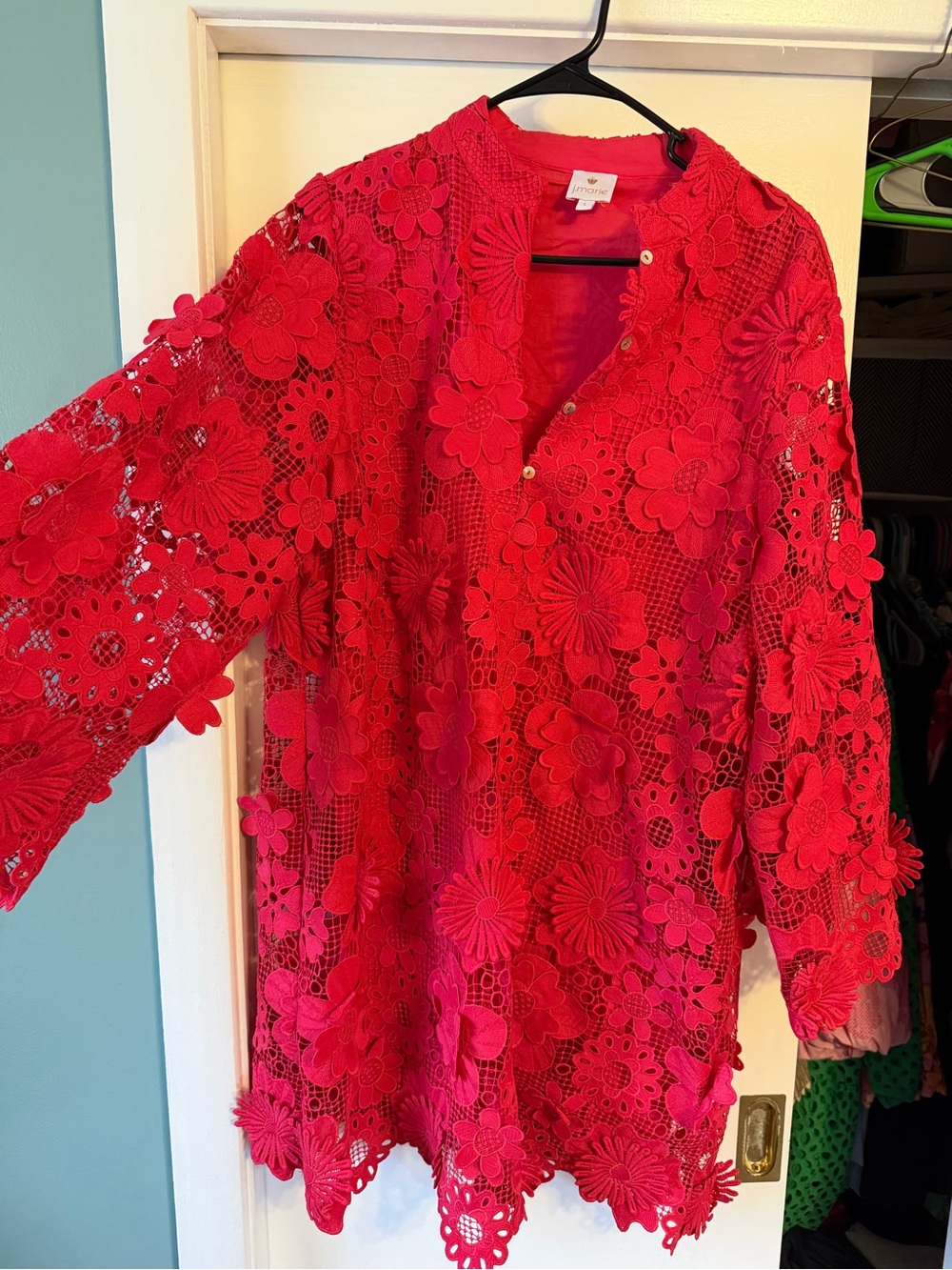 Women’s Red Floral Crochet Tunic Dress - Unknown Brand
